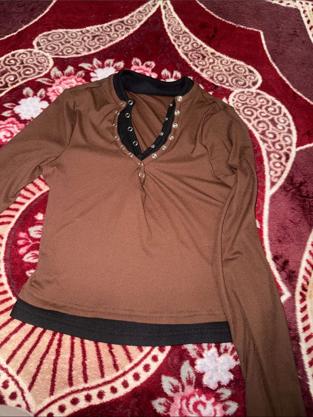 SHEIN Brown Long Sleeve Top with Black Contrast Trim